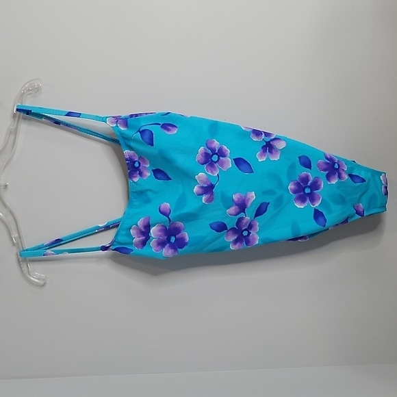Sessa Turquoise blue & purple floral print one piece Swimsuit Strappy Back 14 - Picture 6 of 11